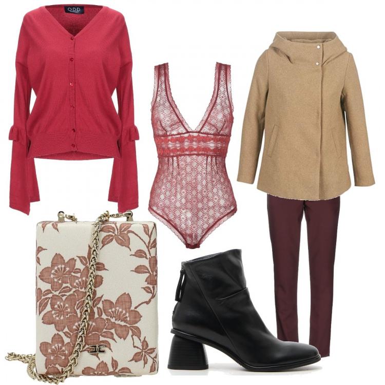 Outfit donna - Pronta per uscire. Stile Trendy per Tutti i giorni. Abbinamento con cardigan senza tasche lavorato a maglia a maniche lunghe in mohair tinta unita, body con pizzo collo a v tinta unita, pantalone lungo, borse a spalla, cappotto, stivaletti forma asimmetrica con tacco largo e zip con punta tonda nero.
