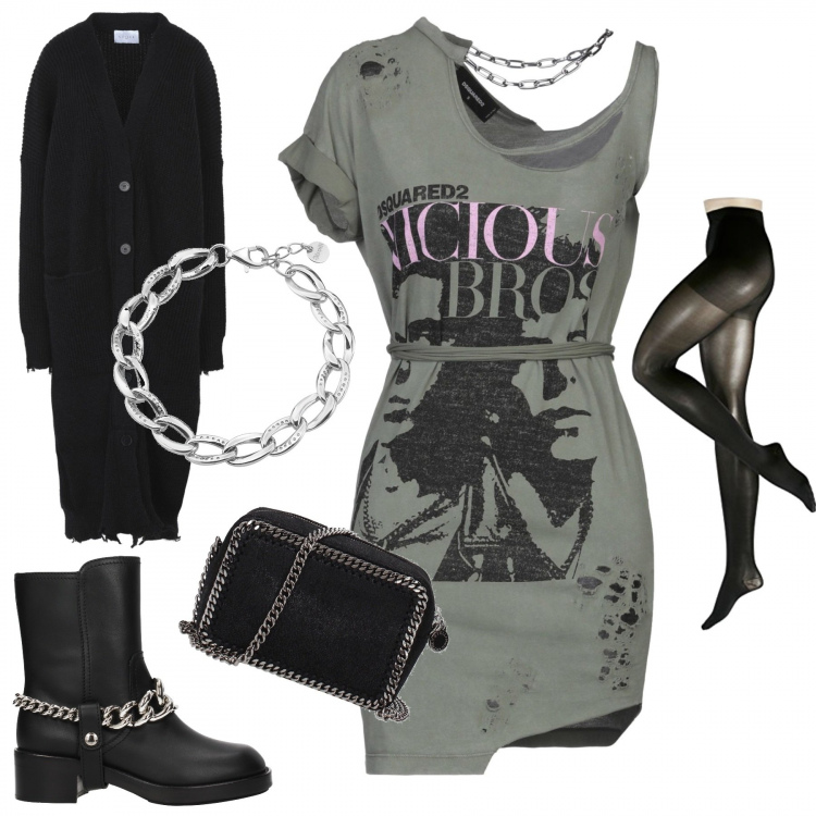 Outfit donna - Catene Punk. Stile Rock per Tutti i giorni. Abbinamento con vestito corto con stampa collo tondo senza maniche interno sfoderato in cotone jersey, cardigan, borsa a tracolla, stivaletti, calza nero, bracciale in argento 925 argento.