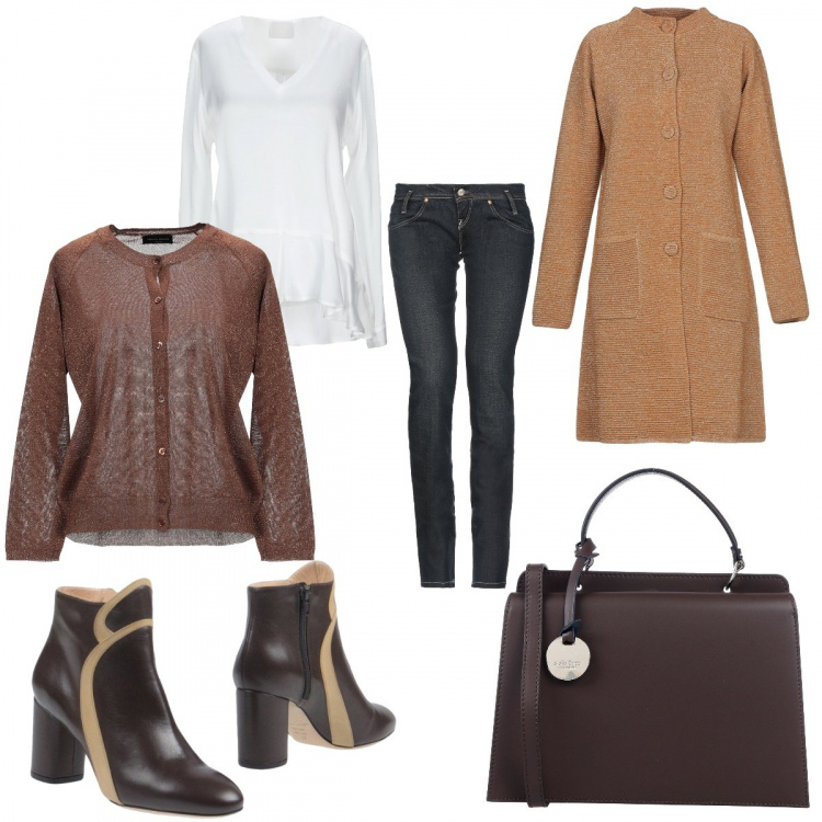 Outfit donna - Saldi Yoooooooox. Stile Trendy per Tutti i giorni. Abbinamento con stivaletti, cappotti, blusa effetto acetato scollatura profonda a maniche lunghe in raso tinta unita, cardigan, borsa a mano con manico taglia media tinta unita, jeans dritti.