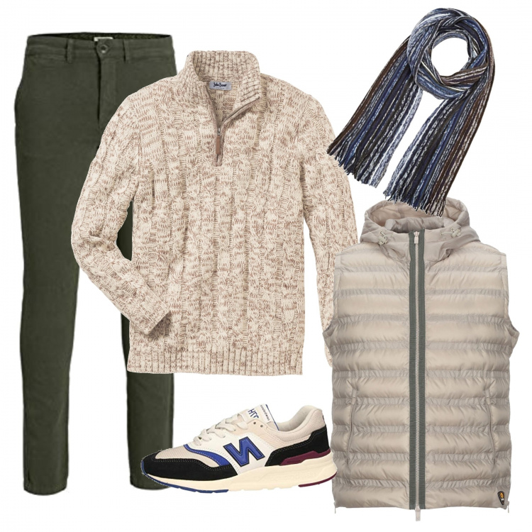 Outfit uomo - Urban #797. Stile Urban per Tutti i giorni. Abbinamento con maglieria, piumino, pantalone chino, scarpa sportiva, sciarpa.