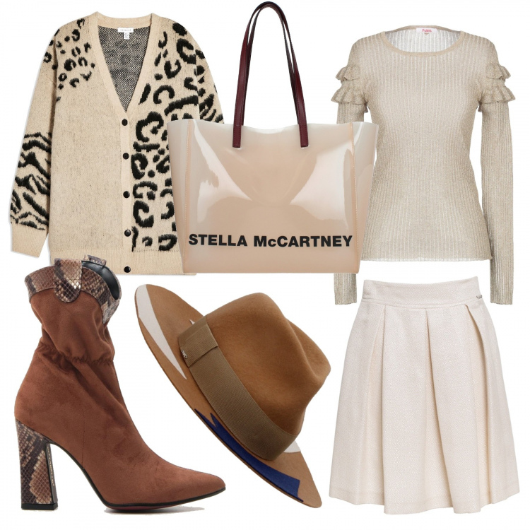 Outfit donna - Stivaletti+borsa trendy. Stile Trendy per Tutti i giorni. Abbinamento con pullovers, cardigan fantasia collo a v, borsa tote, cappelli, gonna al ginocchio avorio, stivali.