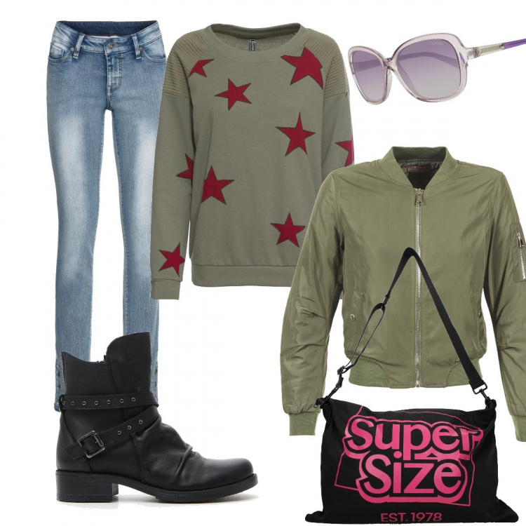 Outfit donna - Oggi niente ufficio. Stile Trendy per Tutti i giorni. Abbinamento con felpa verde, jeans skinny delavé blu, borse a spalla, giacche, scarpa col tacco, occhiali da sole.