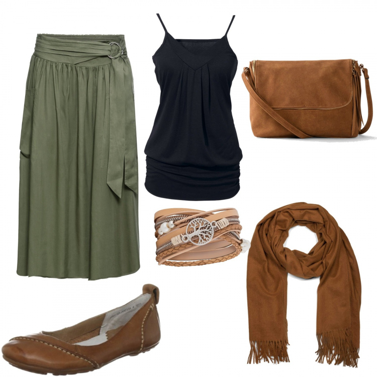 Outfit donna - Etnico #166. Stile Etnico per Tutti i giorni. Abbinamento con top, braccialetti, gonne, borsa a tracolla effetto scamosciato con zip interno foderato in pelle sintetica marrone, ballerine, sciarpe.