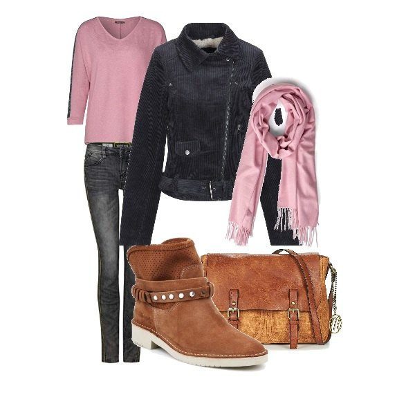 Outfit mujer - January Evenings. Estilo Urban Combinación con maglietta melange multicolore e rosa, bufandas, vaqueros effetto decolorato nero e grigio, botines, bolso, abrigos.