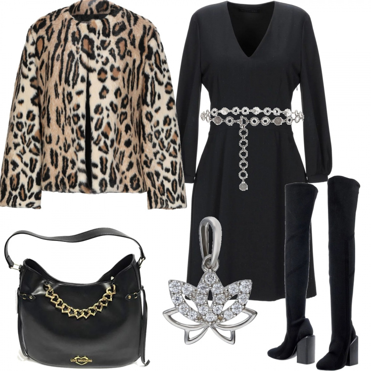 Outfit donna - Catene. Stile Trendy per Ufficio. Abbinamento con cinture, vestito corto, ecopelliccia, stivali, borse a spalla, ciondolo in oro bianco.