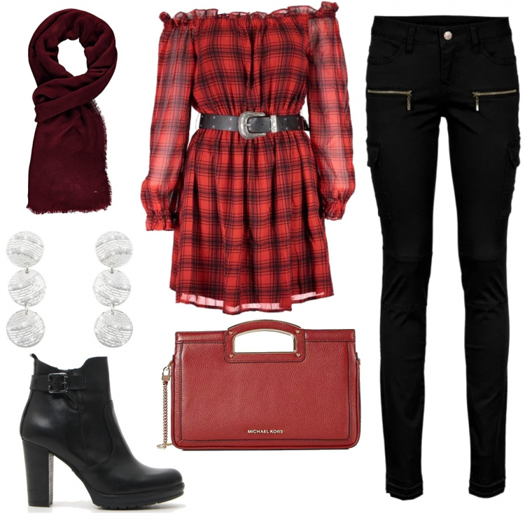 Outfit donna - Tocco di Scozia. Stile Urban per Tutti i giorni. Abbinamento con pantaloni cargo, vestito corto, borse a mano, stivaletti, orecchini glitter in ottone rodiato, sciarpe.