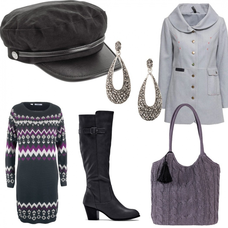 Outfit donna - Urban #2219. Stile Urban Abbinamento con stivali, cappotti, vestito corto, borse a mano, berretti, orecchini.