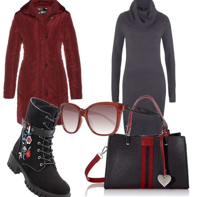 Outfit donna - Urban #2225. Stile Urban per Tutti i giorni. Abbinamento con stivali, vestito in in maglia grigio, cappotti, borse a tracolla, occhiali da sole.