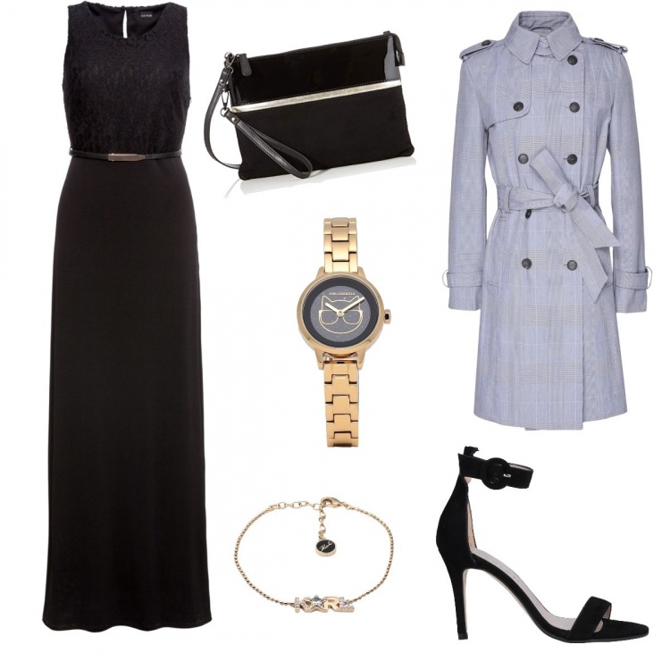 Outfit femme - Anniversaire de mariage. Style Chic pour Cérémonie. Assortir avec robes longues, sandales en cuir, caban, montres, bracelets, pochette.
