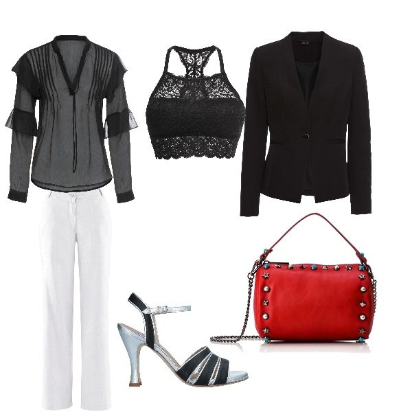 Outfit femme - Chic #2511. Style Chic pour Soirée dehors. Assortir avec bralette, pantalon , blazers, chemises, sacs à main rosso, sandales.