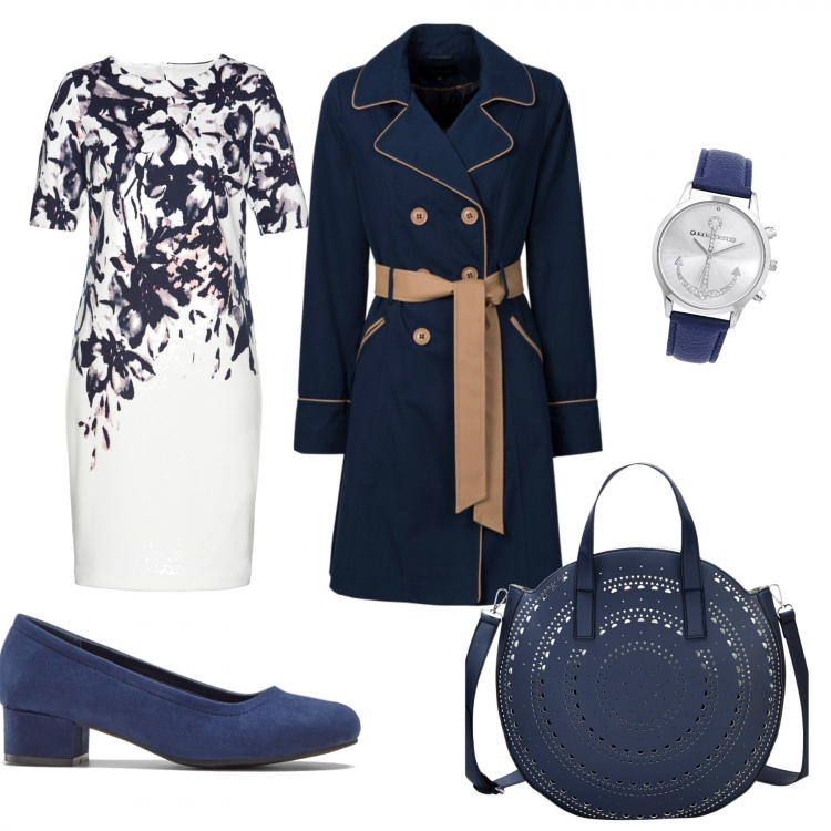Outfit donna - Urban #2235. Stile Urban per Tutti i giorni. Abbinamento con trench, vestiti, décolleté pumps blu, portafogli, orologi.