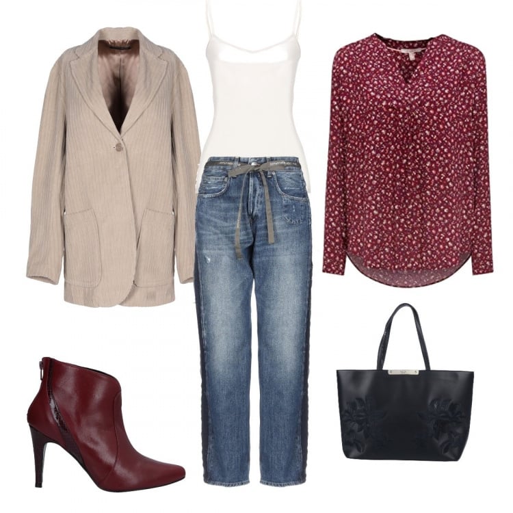 Outfit femme - Boyfriend Mom. Style Tendance pour Tous les jours. Assortir avec tuniques, bottines con zip, pantalone in denim, sacs à main con zip, vestes, blazers et manteaux, tops et blouses.