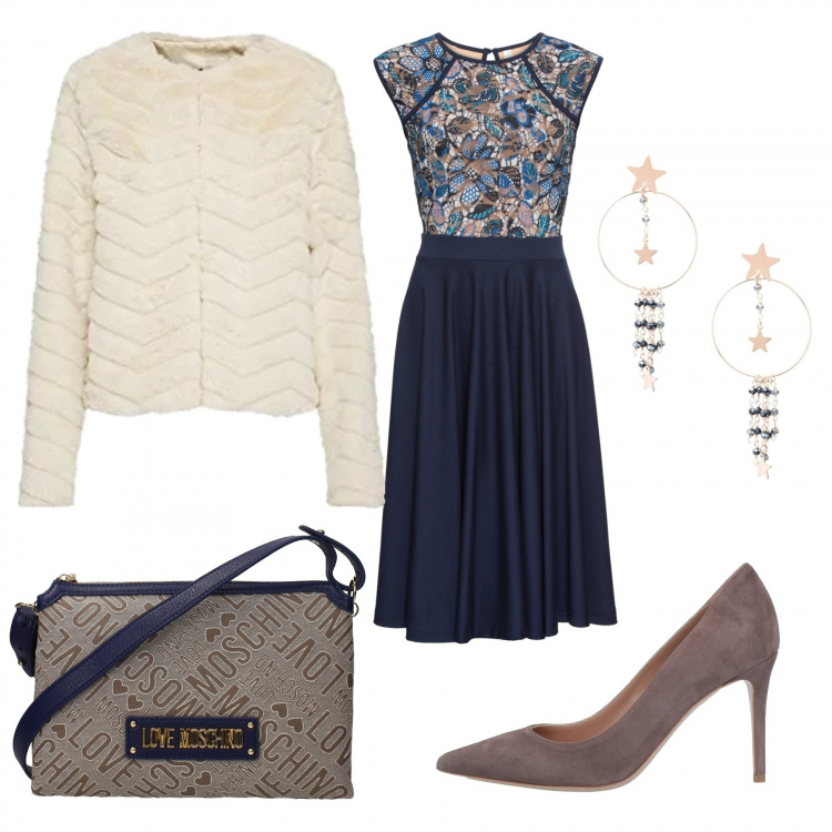 Outfit donna - A cena fuori. Stile Basic per Serata fuori. Abbinamento con vestiti midi/longuette, décolleté, orecchini, borse a spalla, ecopelliccia.