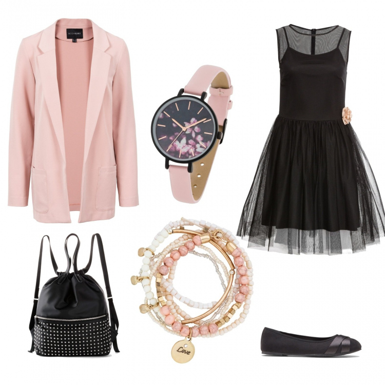Outfit donna - Bon Ton #2193. Stile Bon Ton per Scuola/Università. Abbinamento con vestiti corti, braccialetti, vestito al ginocchio con pizzo, ballerine, zaino, orologio.