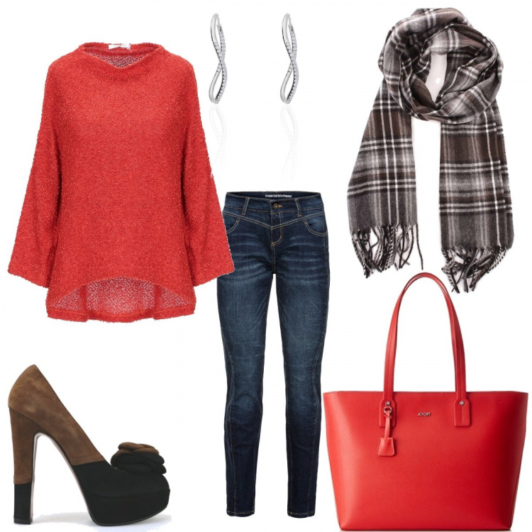 Outfit donna - Pomeriggio con le amiche. Stile Trendy per Tutti i giorni. Abbinamento con jeans boyfriend, pullovers, décolleté, sciarpa grigio, borse a secchiello, orecchini argento.