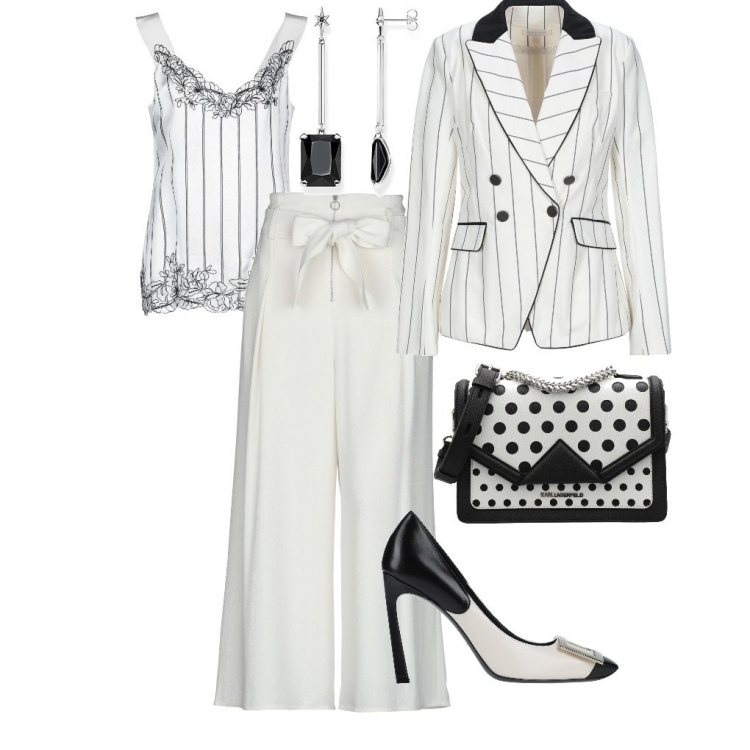 Outfit femme - Chic #2584. Style Chic pour Bureau. look idéal pour Grande. Assortir avec sacs à main a pois, pantalon , top effetto satinato con zip, escarpins, vestes, blazers et manteaux, boucles d'oreilles.