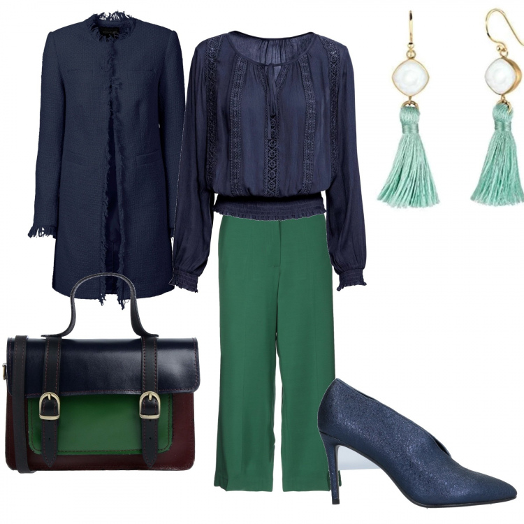 Outfit femme - Chic au bureau. Style Chic pour Bureau. Assortir avec blazers, chemises, pantalons longs, bottines, sacs à main, boucles d'oreilles.