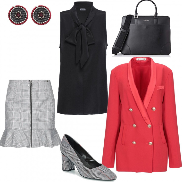 Outfit mujer - Radiant Monday. Estilo Chic para Oficina. Combinación con portacomputer nero, zapatos de tacón, minifaldas, top, giacca, pendientes.