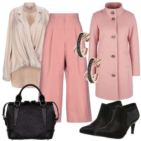 Outfit mujer - Work outfit. Estilo Chic para Oficina. look ideal para Tall/Alta. Combinación con abrigos, zapatos de tacón nero, borsa a mano, camicia in viscosa, pantalones, pendientes.
