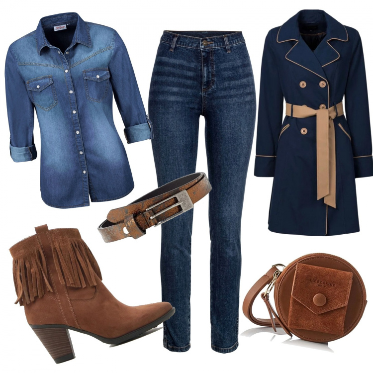 Outfit donna - Basic in jeans. Stile Basic per Tutti i giorni. Abbinamento con trench, camicie, jeans skinny, stivaletti, borsa a tracolla marrone, cinture.