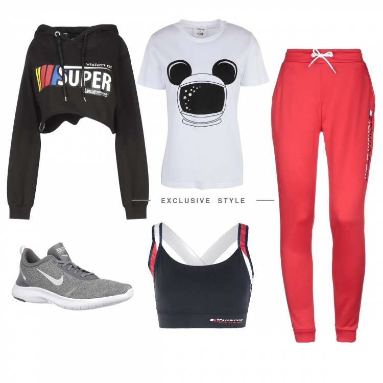 Outfit femme - Fitness wear. Style Tendance pour Sport. Assortir avec pantalone con coulisse, t-shirt, top, sneakers running, top jersey.