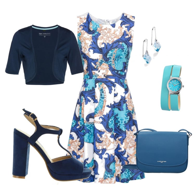 Outfit donna - L\'eleganza del turchese. Stile Bon Ton per Cerimonia. Abbinamento con blazer, vestito, orecchini argento, borsa a tracolla con logo frontale, sandali, orologi.
