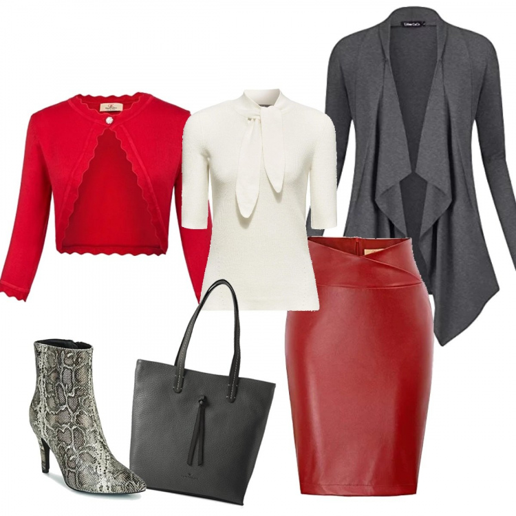 Outfit mujer - Chic&red. Estilo Chic para Oficina. Combinación con cintura a tubo aderente, jerséis, bustino, bolero, shopping bag grigio, botines.