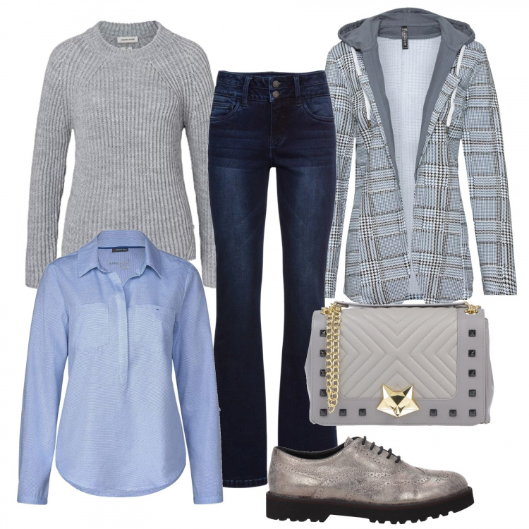 Outfit donna - Curvy trendy. Stile Trendy per Tutti i giorni. Abbinamento con jeans bootcut, blazer, borse a cartella, scarpe stringate, camicie, pullover.