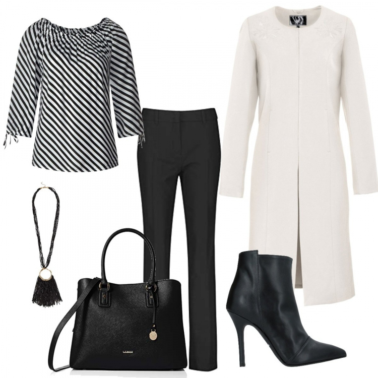 Outfit femme - Monday black and white. Style Chic pour Bureau. Assortir avec sweats à capuche, blusa multicolore e nero, bottines con zip, pantalone nero, shoppers et shopping bags nero, colliers.