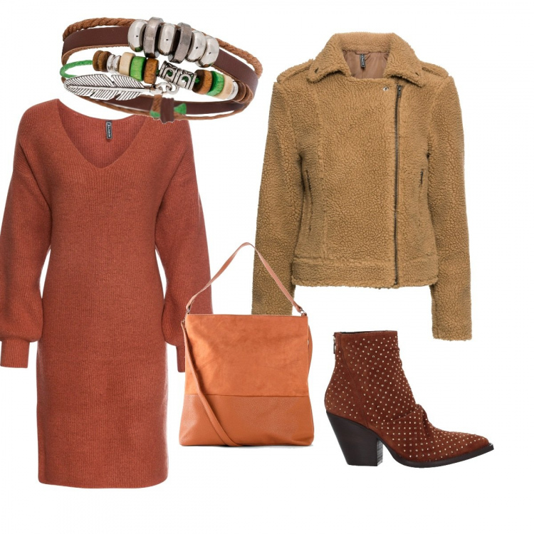 Outfit femme - Western winter. Style Ethnique pour Tous les jours. Assortir avec robes longues, vestes, blazers et manteaux, colliers et pendantifs, sac cabas, bottines con strass e zip.