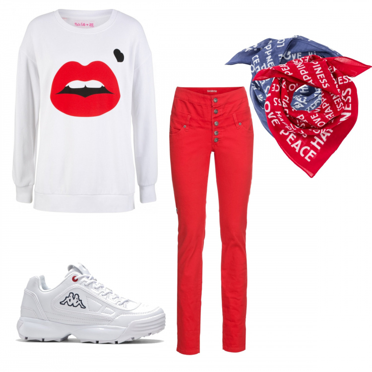 Outfit donna - Saldi bon prix. Stile Basic per Scuola/Università. Abbinamento con pantaloni a palazzo, pantaloni, sneakers, fascia.