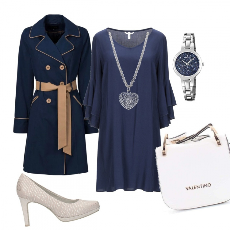 Outfit donna - Lavorare con eleganza. Stile Chic per Ufficio. Abbinamento con trench, vestito corto, décolleté, borse a secchiello, collana girocollo, orologio analogico.