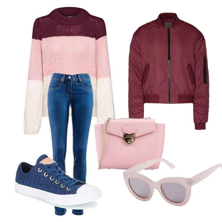 Outfit donna - Al bowling. Stile Urban per Tutti i giorni. Abbinamento con jeans dritti, bomber, occhiali da sole, borse a tracolla, scarpe blu, blusa.