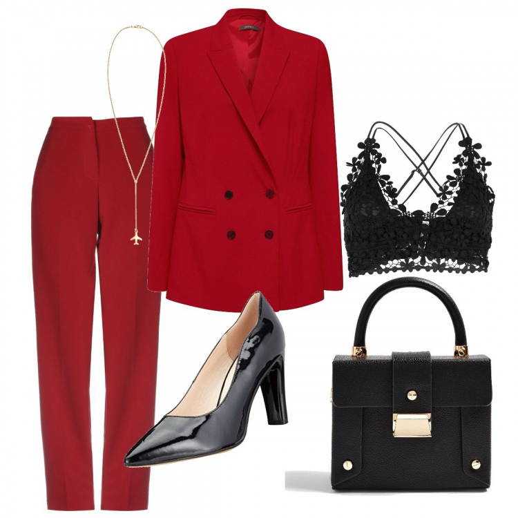 Outfit femme - How dare you?. Style Tendance pour Bureau. Assortir avec soutiens-gorge, pantalone con zip crêpe, tailleurs, sacs en bandoulière petit, chaussures à talons nero, colliers.