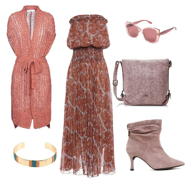 Outfit mujer - Jethro Tull - Aqualung. Estilo Étnico para Todos los días. Combinación con borsa a tracolla rosa, botines, vestidos largos, maglioncino, gafas de sol effetto acetato, braccialetto.
