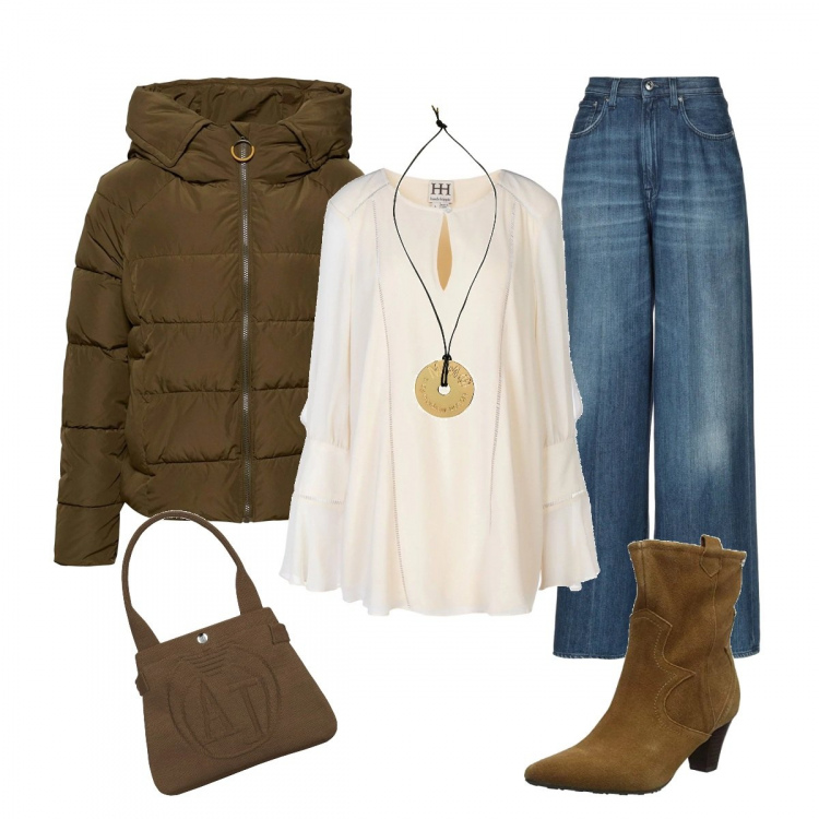 Outfit mujer - Hippie & chic. Estilo Étnico para Oficina. Combinación con botas y anfibios, giacca verde e kaki, blusas, vaqueros, collares, borsa a tracolla.
