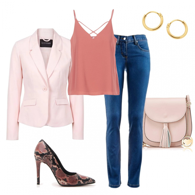 Outfit donna - Tocchi di rosa. Stile Basic per Tutti i giorni. Abbinamento con blazer, jeans dritti, top, décolleté, borsa a tracolla rosa, orecchini.