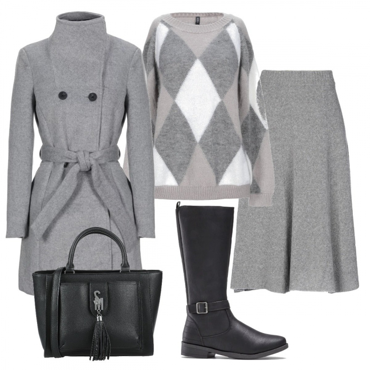 Outfit donna - Stivali neri. Stile Bon Ton per Ufficio. Abbinamento con stivali, gonna longuette lavorato a maglia interno sfoderato tinta unita, pullovers, cappotti, borse a mano.