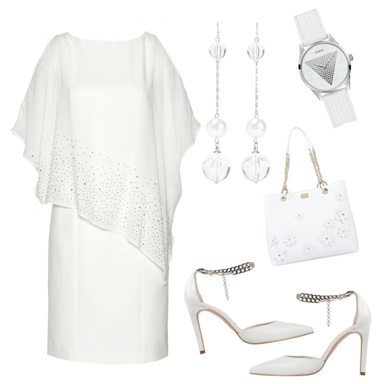 Outfit donna - Curvy in Total White. Stile Trendy per Serata fuori. Abbinamento con blazer, décolleté a punta tinta unita, borse a mano, orologi, orecchini.
