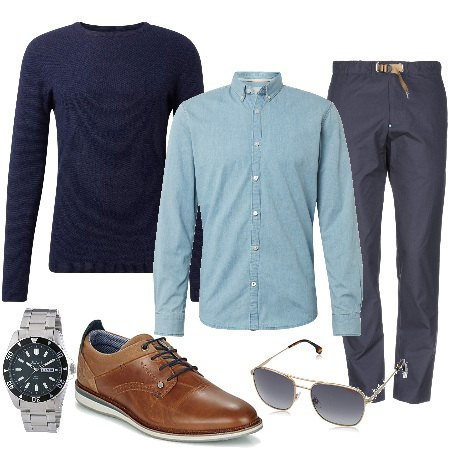 Outfit hombre - Urban #871. Estilo Urban para Todos los días. Combinación con sudaderas in denim blu, reloj, camisas effetto decolorato in denim, gafas de sol, zapatos elegantes, chino bianco.