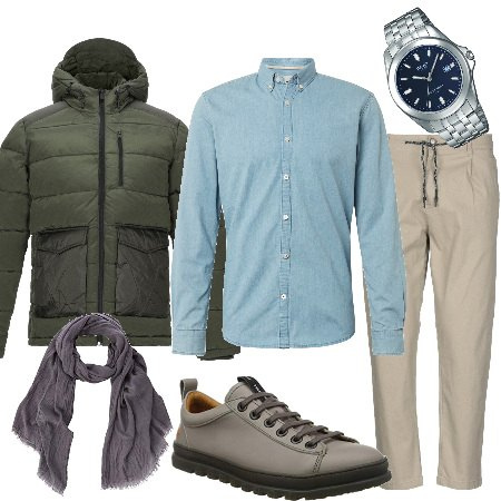 Outfit hombre - Urban #872. Estilo Urban para Todos los días. Combinación con mocasines brogue grigio, camisas effetto decolorato in denim, pañuelos y bufandas grigio, relojes, pantalones largos, plumíferos y chaquetones.