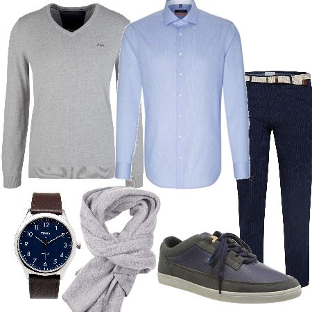 Outfit hombre - Urban #873. Estilo Urban para Todos los días. Combinación con pantalone navy, camisas, sudaderas melange grigio, bufandas, sneakers, reloj.