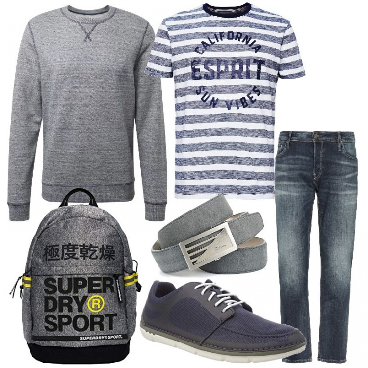 Outfit hombre - Urban #884. Estilo Urban para Todos los días. Combinación con sudaderas, cinturones, bolsos y mochilas grigio, camisetas y polos navy, sneakers, pantalone in denim.