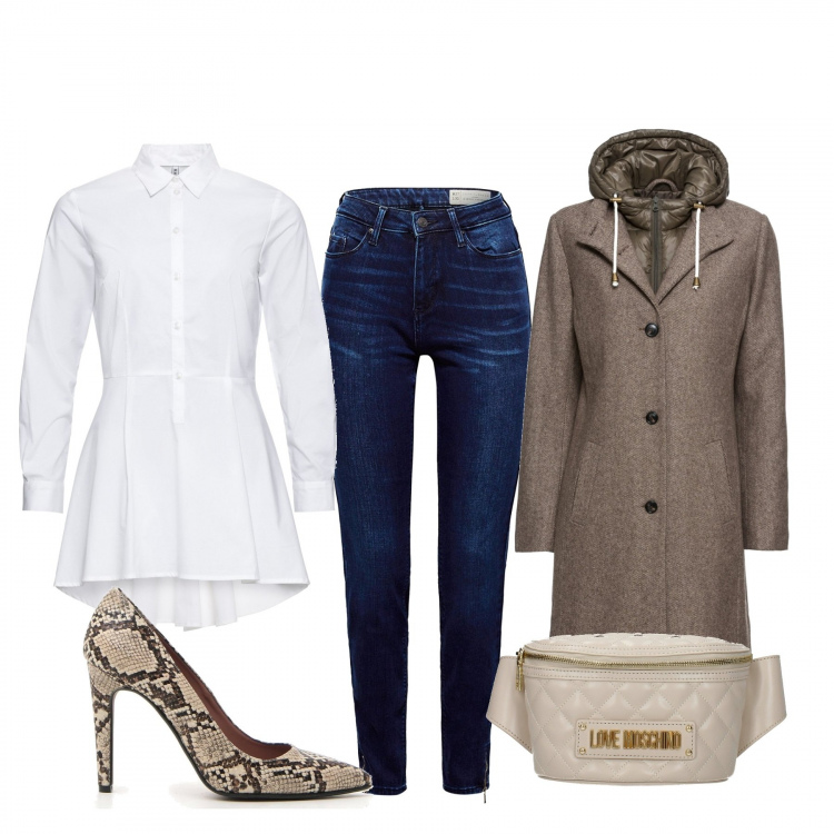 Outfit donna - La camicia lunga sui jeans. Stile Urban per Serata fuori. Abbinamento con camicie, cappotti, zaino, décolleté con stampa e tacco alto, jeans skinny.
