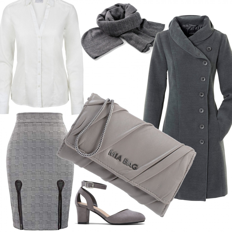 Outfit donna - Chic e al caldo. Stile Chic per Ufficio. Abbinamento con cappotti, camicie, vestiti chemisier, cappelli, borsa a mano mini tinta unita, gonna con spacco e stampa con fasce elasticizzato.