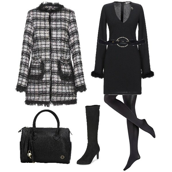 Outfit mujer - A la oficina con un twist. Estilo Bon Ton para Oficina. Combinación con panties, botas, vestito, cintura, cappotto tweed multicolore, borsa a tracolla.