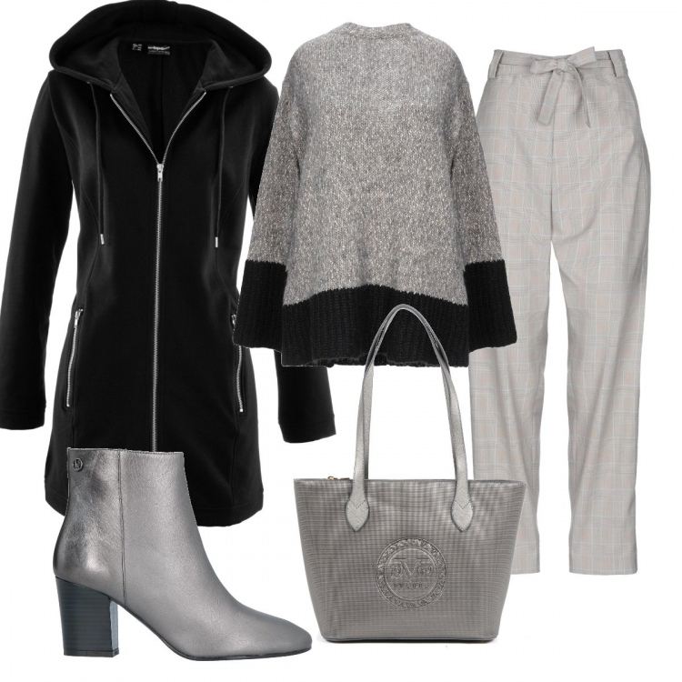 Outfit donna - Cappotto con cerniera. Stile Basic per Ufficio. Abbinamento con felpe sportive, pullover, stivaletti, pantaloni, borsa a mano in pelle argento.