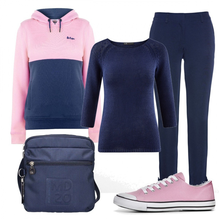 Outfit donna - Allenamento. Stile Basic per Sport. Abbinamento con vestiti corti, pantaloni, shopping bag blu, felpa con cappuccio, maglioni.