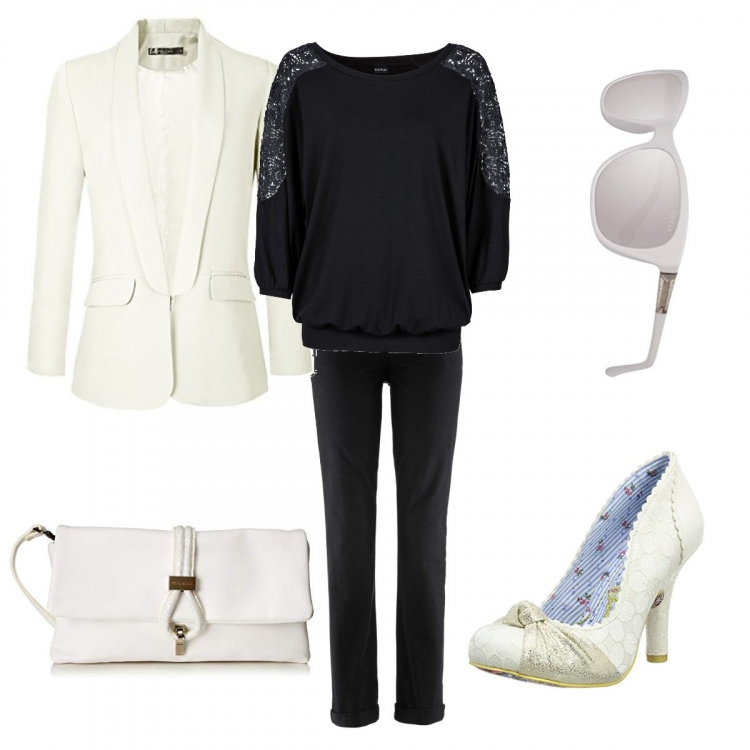 Outfit femme - White with black. Style Tendance pour Bureau. Assortir avec t-shirts, jean coupe droite, pantalone bianco e crema, tailleurs, lunettes de soleil et montures pour lunettes de vue, clutch.