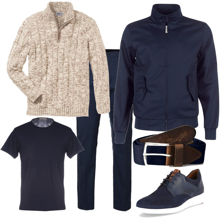 Outfit uomo - Pronto per il weekend. Stile Casual per Tutti i giorni. Abbinamento con maglieria, t-shirt, giacche, pantalone, cinture, scarpa sportiva.